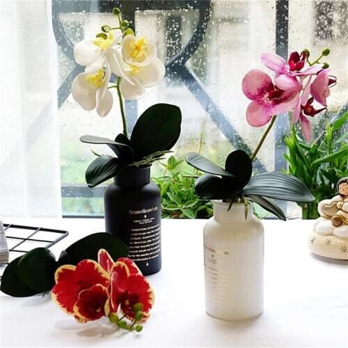 ONE Fake Single Stem Orchid 12.99" Simulation Real Touch Phalaenopsis Green Leaf for Wedding Home Decorative Artificial Flowers