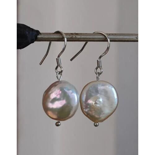 One pair freshwater pearl white coin 11-13mm s925 hook earrings FPPJ wholesale beads nature