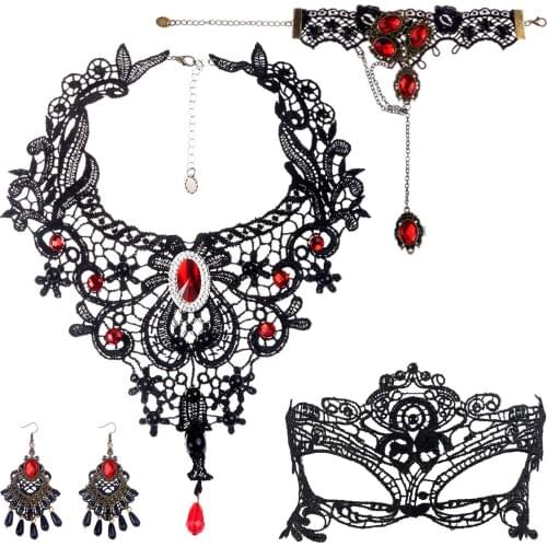 1set Gothic Black Lace Choker Necklace For Women Halloween Fashion Vintage Leather Flower Crystal Fake Collar Necklace Jewelry