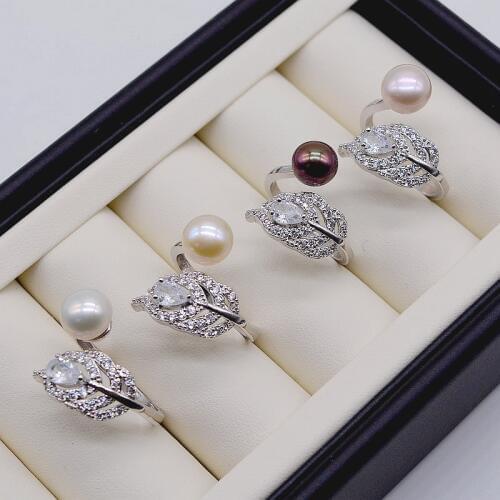 Sexy feather ring. 8-9 mm natural freshwater pearls. 925 sterling silver. Inlaid zircon. adjustable. Female ring. Pearl ring