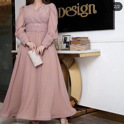 Prom dresses 2020 v neck long sleeve pleats beading sequins a line chiffon long sleeve evening dresses gowns