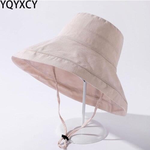 YQYXCY Bucket Hat Women Summer Spring Big Brim Sun Hat Fisherman Cap Korean Sunshade Windproof Rope Gorro Solid Color Sun