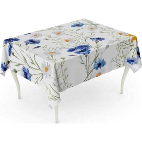 Blue Flower Watercolor Cornflower Daisy Pattern Floral Spring White Trend Retro Table Cloth