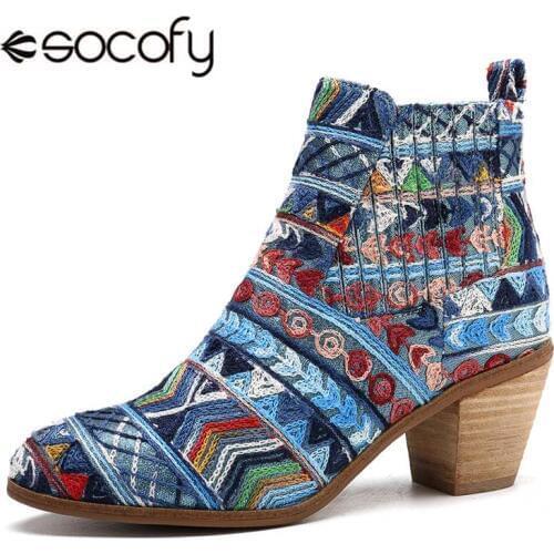 Socofy Retro Ethnic Weave Cloth Women Boots Winter Bohemian Elastic Slip-on Ankle Boots For Women Shoes Woman Booties 2020