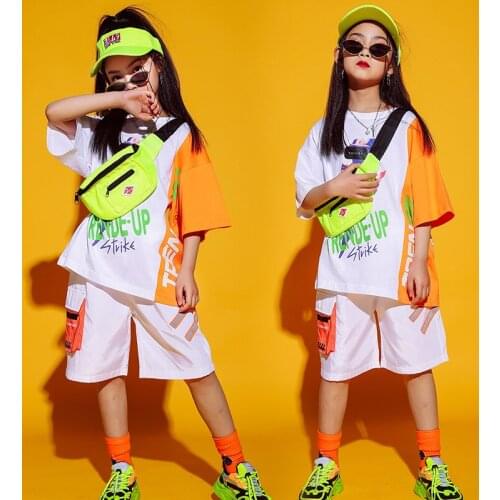 Hip Hop Girls Clothing Loose Street Dance Tops Pants Short Sleeved Hiphop Suit Jazz Cool Modern Dancing Clothes Kids Wear BL5789