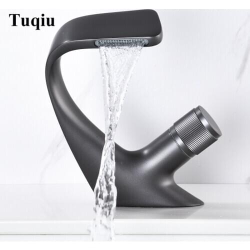 Tuqiu Basin Faucet Bathroom single lever hot and cold Brass water Mixer Tap Gun Gray Waterfall Basin Water Sink Mixer crane
