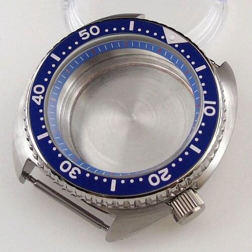 Stainless Steel 45mm Automatic Watch Case fit NH35A NH36A Sapphire Crystal Rotating Bezel Blue Alloy Insert Screw Crown