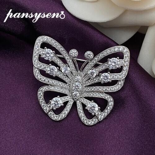 PANSYSEN 100% Solid 925 Sterling Silver Simulated Moissanite Diamond Butterfly Brooches Women Brooch Fine Jewelry Drop Shipping