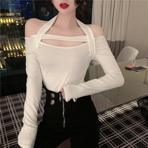 T-shirt New Long Sleeve Sexy Off Shoulder Hanging Neck One Line Collar Exposed Clavicle Slim Top T Tee Shirt Femme Women Tops