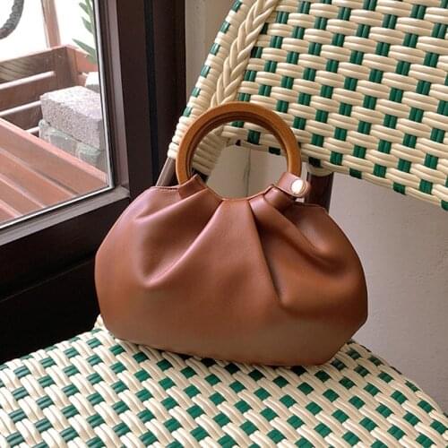 Women handbag small Vintage Round Wooden Cloud bag Female Crossbody Shoulder Bags Elegant PU Leather ladies hand bag bolsa femin