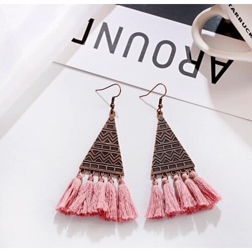 Bohemian Pink Long Tassel Earrings Ethnic Triangle Earring Pendientes Mujer For Women Ear Jewelry Brincos
