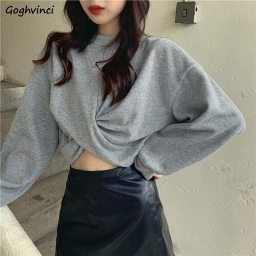No Hat Hoodies Women Sweet Loose Students Criss-cross Pullovers Chic Korean Style All-match Simple Solid New Crops Tops Harajuku