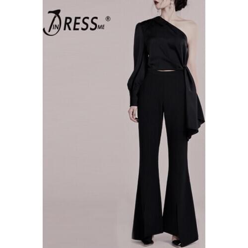 INDRESSME 2019 Fashion Sexy Pant Suits Set One Shoulder Irregular Long Sleeve Top Flare Pant Women Elegant 2 Pieces Pant Sets
