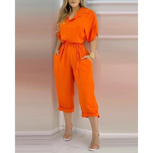 Button Front Pocket Design Short Sleeve Jumpsuit Women