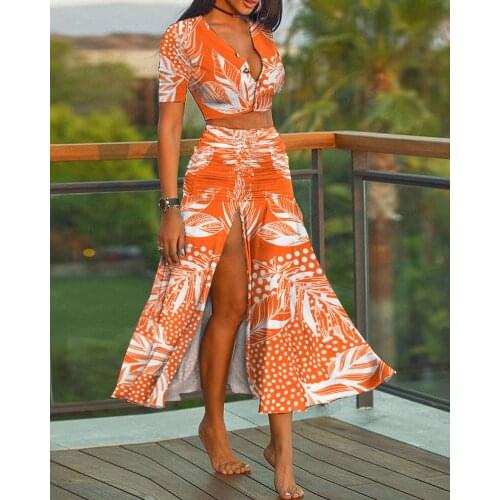 Women Casual V Neck Short Sleeve Plain Button Design Floral Sexy Crop Top & High Slit Ruched Skirt Sets 2021 Summer Two Pieces