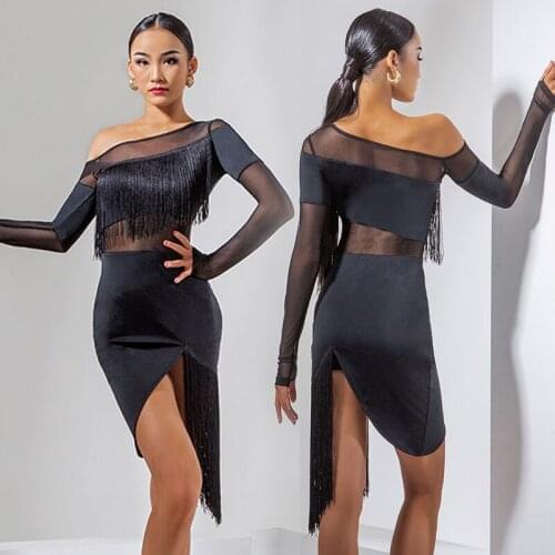 2021 Latin Dance Dress For Women Fringe Competition Dress Black Irregular Dress Party Show Samba Salsa Dance Costumes DNV14632