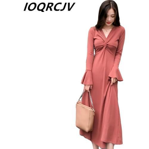 Spring Autumn New Knitted Dress Womens Elegant Sexy Slim Solid Long-Sleeve A Line V Neck Long Knitted Sweater Dress Vestidos