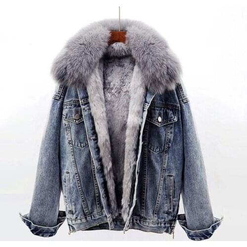 Winter Thick Warm Fox Fur Collar Removable Rex Rabbit Fur Liner Denim Jacket Women Outerwear Vintage Parker Jeans Jackets Female