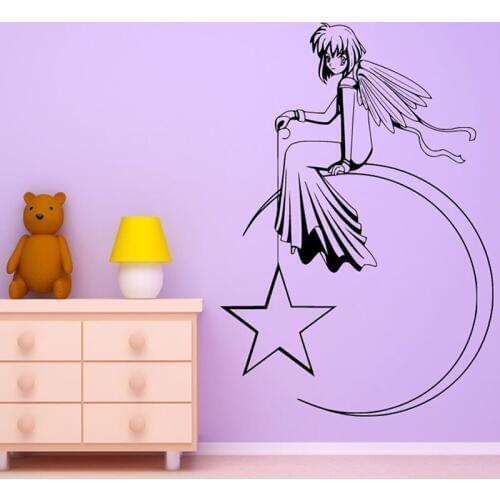 ZOOYOO Anime Angel With Star Sitting On The Moon Wall Sticker Girls Bedroom Vinyl Removable Home Decor