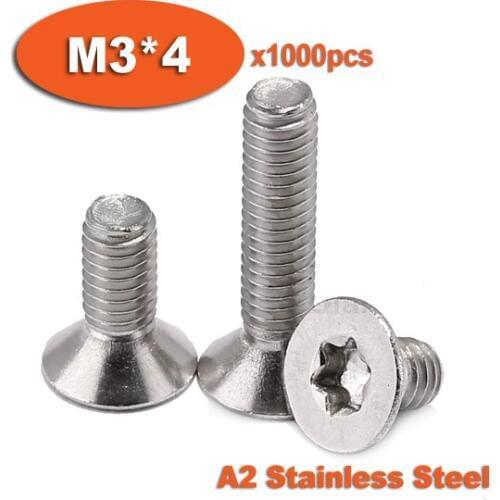 1000pcs DIN965 M3 x 4 A2 Stainless Steel Torx Countersunk Flat Head Screw Screws