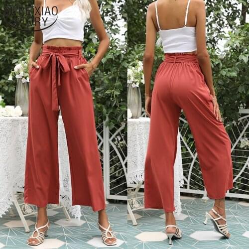 2021 Summer New Women Aesthetic Style Elastic Waist Sashes Solid Pants All-matched Casual Wide Leg Loose Pantalon Pants 14971