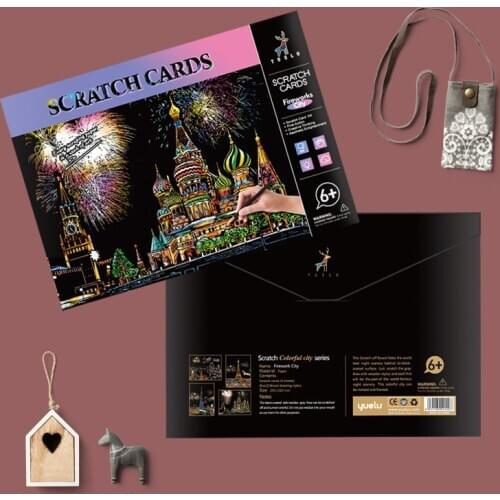 4 Pcs 29.5*21.5 cm A4 Magic Scratch Painting DIY manual Famous City Building Night View Scraping Paiting Drawing Toys For Kids