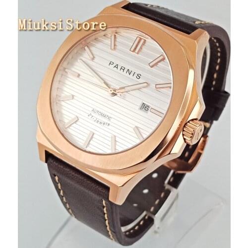 43mm PARNIS mens top luxury business watches silver dial Sapphire glass date leather 21 jewels Miyota automatic watch