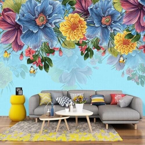 Custom 3D Retro Hand Painted Floral Mural Living Room Bedroom Background Photo Wallpaper Blue Flowers Waterproof Canvas Painting