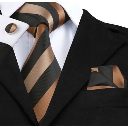 Hi-Tie Luxury Brand Silk Ties for Men 2019 Classic Business Party Wedding Tie Set Brown Black Striped Necktie 8.5cm C-585