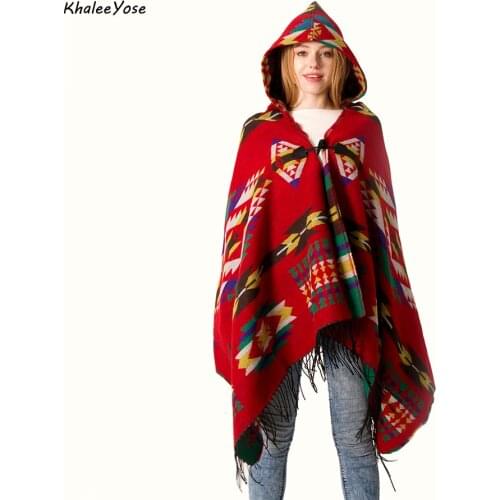 KHALEE YOSE Vintage Boho Hooded Cloak Cardigan Ethnic Hippie Chic Cape Ponchos Cardigans Autumn Spring Tassels Button Outwear