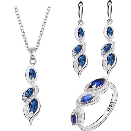 3 Colors Available Zircon 925 Silver Jewelry Sets Women Party Long Earrings Necklace Pendant Ring Free Gift Box