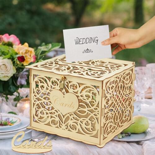 DIY Wedding Card Boxes Mr & Mrs Heart Flower Pattern Invitation Card Wooden Gifts Box With Lock For Wedding Birthday Party Decor