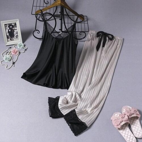 Summer Lace V-Neck Sleepwear Women Pajamas Set Sexy Nightwear Loose Casual Nightwear Sleeveless 2PCS Strap Top&Pants Home Wear