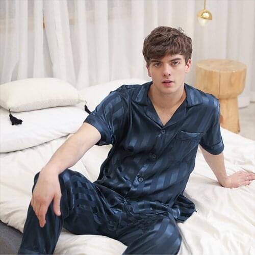 Ice Silk Pajamas For Men Spring Summer Pyjamas Thin Breathable Lounge Set Simple Style Striped Elastic Waist pyjama pour femme