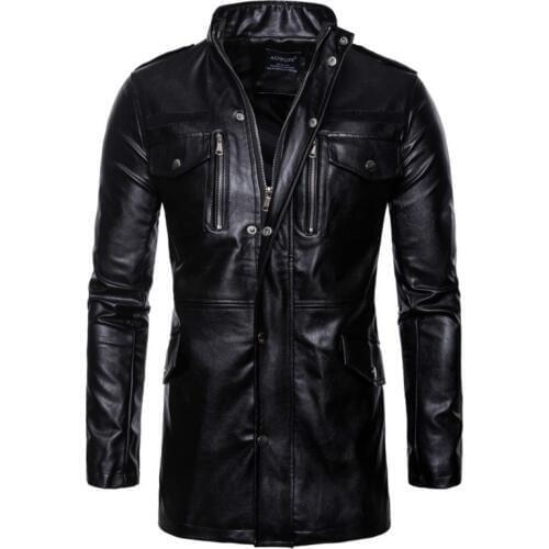 High Quality Leather Jacket Men 2020 New Fashion Black Standing Collar Men Casual Longer Motorcycle PU Leather Jacket Coat
