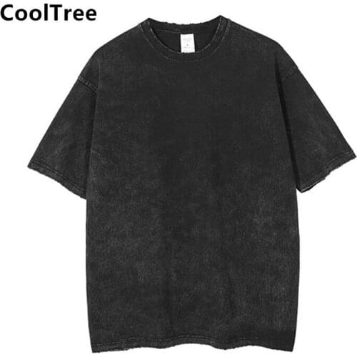 CoolTree Men Women Cotton T-shirts Summer Distressed Edging Retro T shirts Couples Oversize O-neck Short sleeve Wash water Tees
