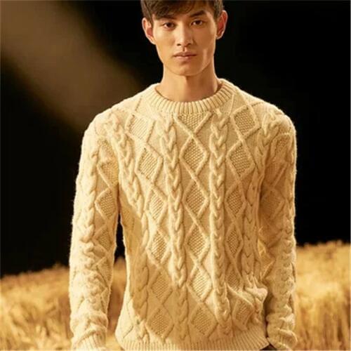100% hand made pure wool thick knit men korean style Oneck loose solid pullover sweater white 4color customized
