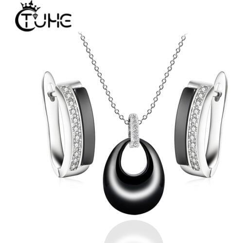 Black White Ceramic Jewlery Set Water Drop Pendant Necklace With Lovely Stud Earrings For Women Wedding Party With Bling Crystal