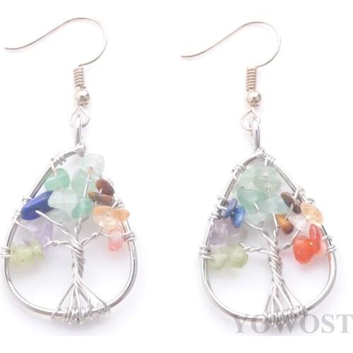 Wholesale 4 Pairs Gem Stone Multicolor Earings Wire Wrapped Tree Of Life Teardrop Pendant Hook Earring Fashion Jewelry QR3451