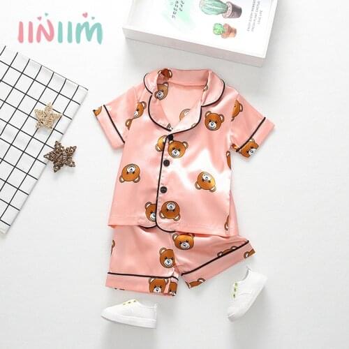 Baby Boys Girls Ice Silk Satin Pajamas Set Cartoon Bear Print Button-Down Short Sleeve Tops+Shorts Pajama Set Sleepwear Homewear