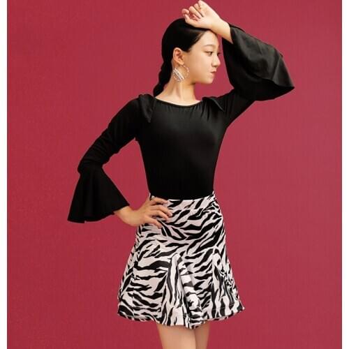 New Latin Dance Dress Kids Long Sleeve Black Tops Professional Girls Latin Competition Clothing Samba Dancing Costumes DQL4420