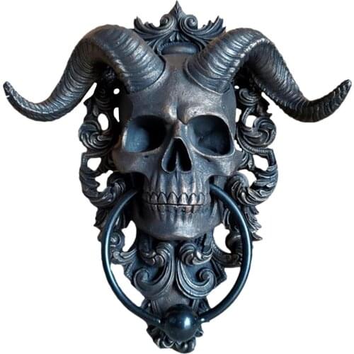 Skeleton Head Door Knocker Decor Resin Goat-headed Figure Hanger 3D Resin Punk Satan Skull Sheep Head Gothic Statue Wall Pendant