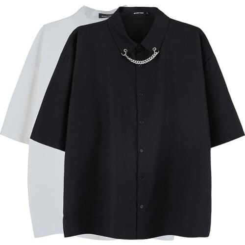 Fashion Summer Men Shirts High Street Solid Color Hanging Chain Design Short Sleeve Shirt For Man