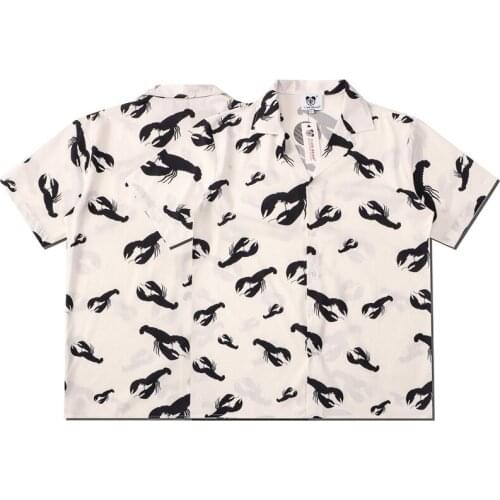 High Street Crayfish Print Harajuku Short Sleeve Shirt Men Hawaii Vacation Couples Summer Shirts Korean Clothes Camisa Hombre