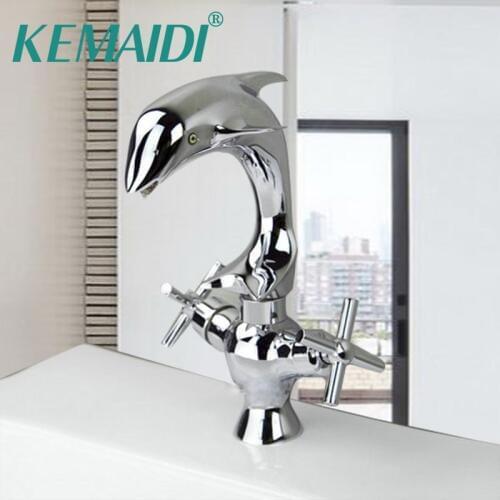 KEMAIDI Bathroom kitchen Faucet Mixer Tap Dolphin Deck Mounted Dual Handle Single Hole Brass Chrome Polished Faucet Waterfall