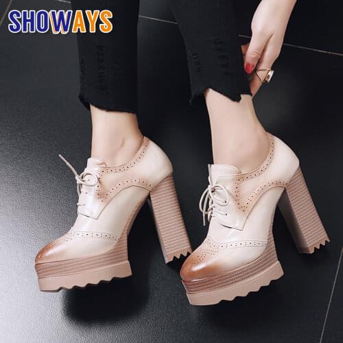 British Women Platform Pumps Pink PU Leather Painted Round Toe Chunky High Heel Derby Retro Casual Party Lace-up Oxford Brogues