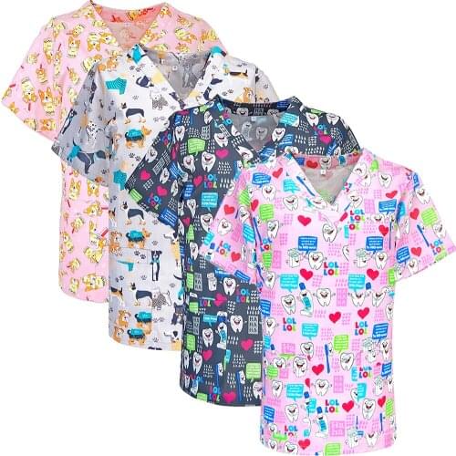 Cute Nurse Working Scrubs Tops and caps Nursing Uniform for Women Men Lab Dentist Clinic Doctors Nurse Spa Fashion Uniforms Top