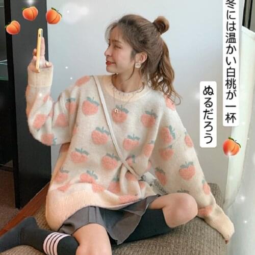 Japanese sweet girl sweater Korean ins Harajuku cute strawberry top loose long sleeve sweater preppy style women knitted sweater