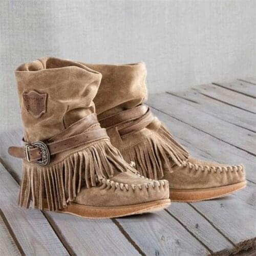 OllyMurs Women Mid-calf Low Heel Bohemia Style Motorcycle Boots Fringed Cowboy Boots Shoes Spring Autumn Women Boots