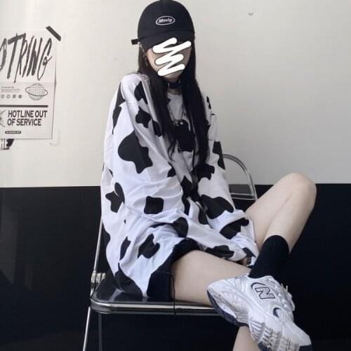 Woman Tshirts Autumn Japanese Street Lolita Cow Printed Loose Long Sleeves T-shirt Top for Women Ropa Mujer Camisetas